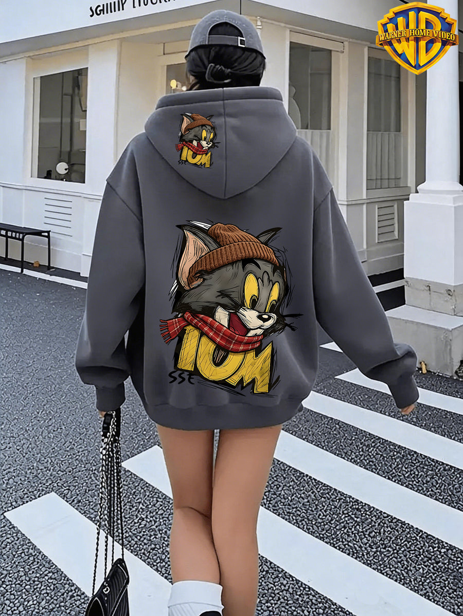 Warner Authorized, Women'S Hoodie, Hat Scarf with Winter Print, Casual Zipper Jacket with Pocket, Autumn/Winter Hoodie, Comfortable And Versatile with Pattern - Dark Gray