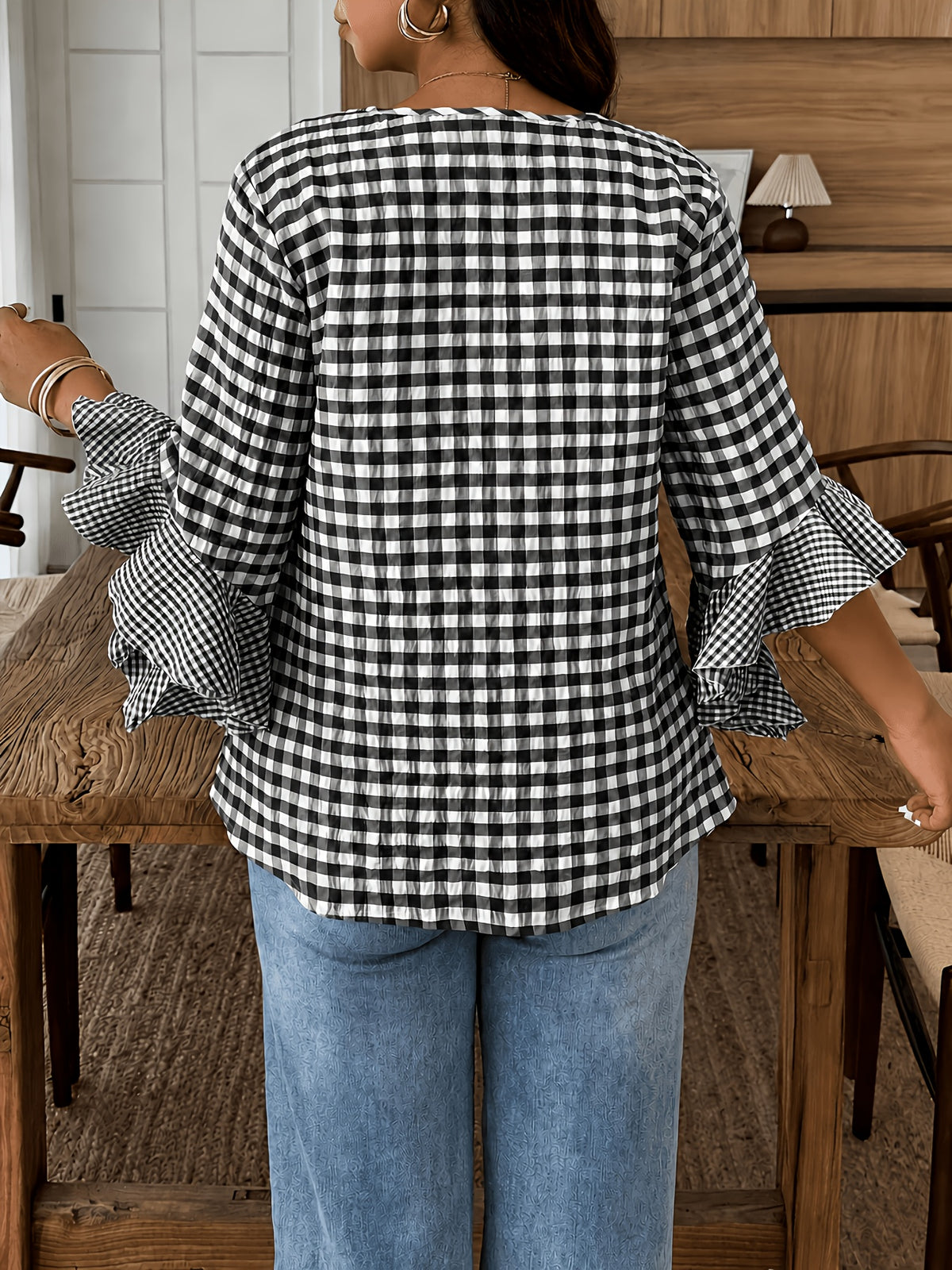 Women's Colorful Plaid Flared Sleeve Shirt for Spring, Summer, and Autumn, Casual Checkered Patchwork Shirt with Large and Small Plaid Patterns, Plaid Shirt for Vacation, Leisure, and Work Commutes - Black