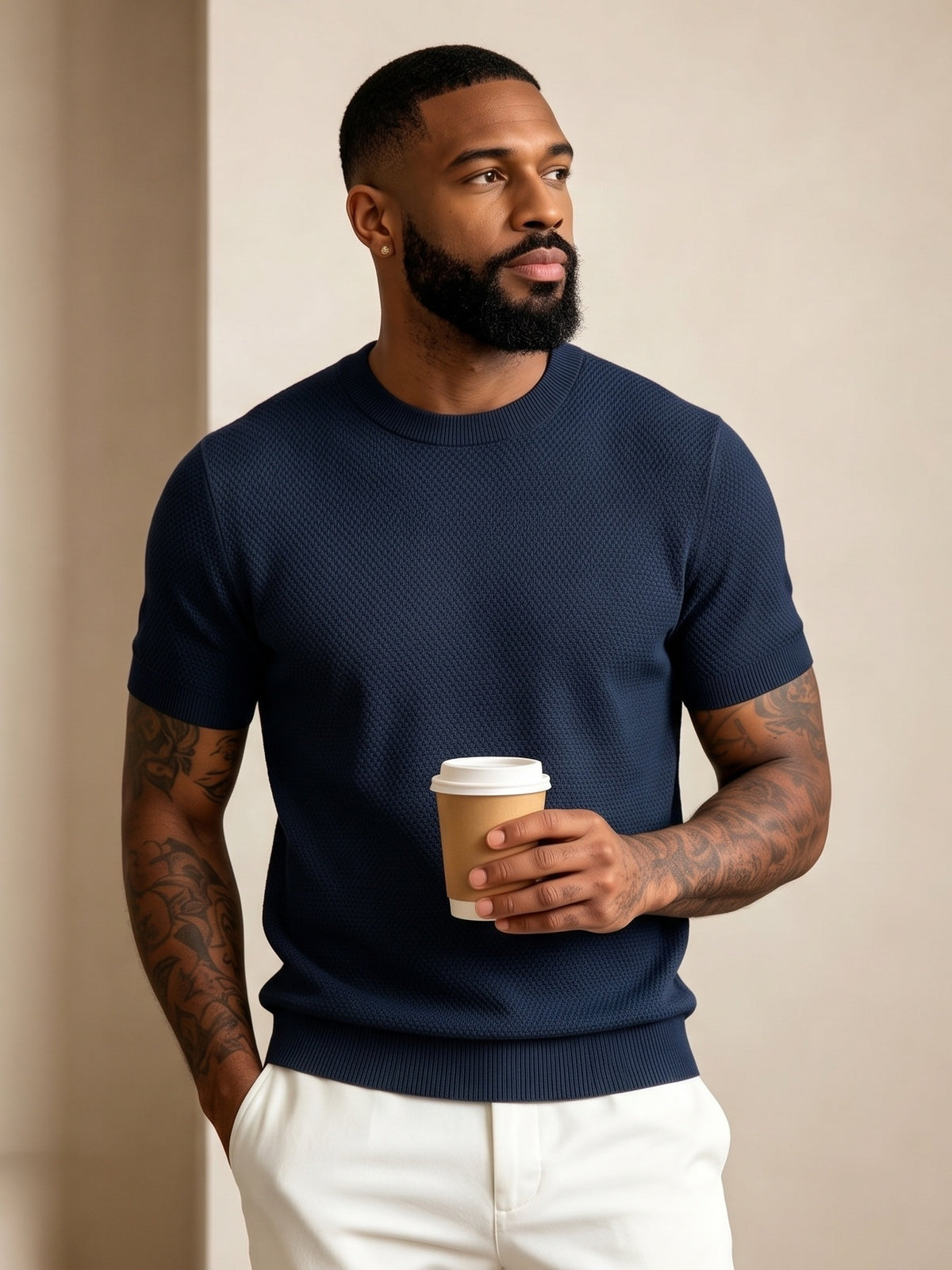 Men'S Easy Casual Short-Sleeve Knit Top, Made of Pure with Fine Mesh Texture, Skin-Friendly And Breathable, Relaxed Casual Style, Classic Versatile Design with Exquisite Details, Solid Color for a Warm And Easy Look - Navy Color
