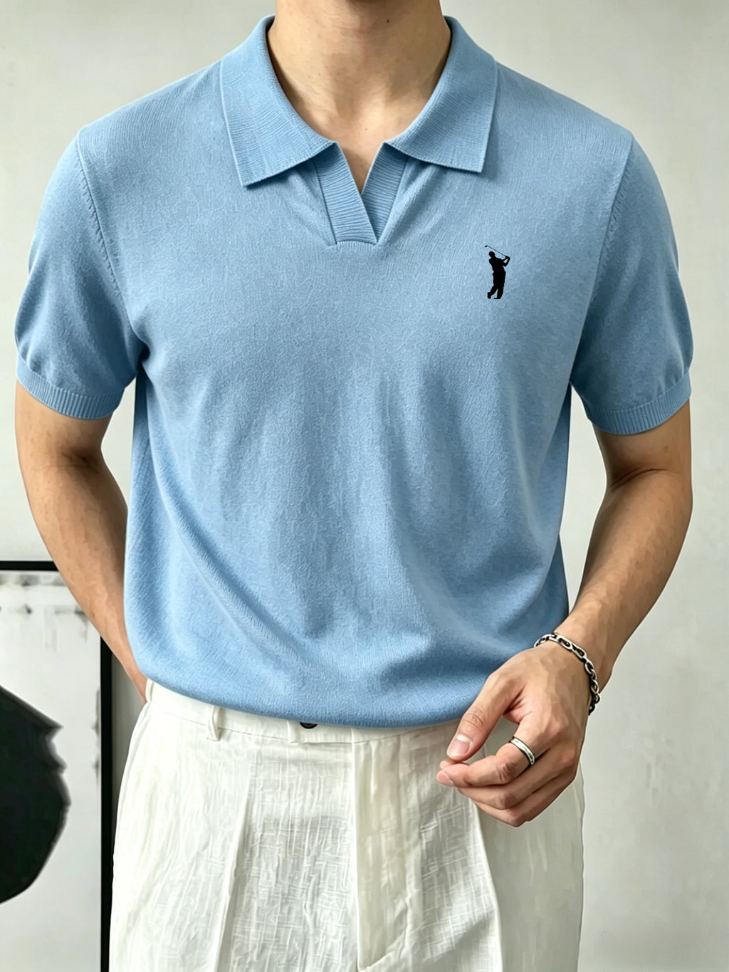 Men'S Knit Short-Sleeve Polo Shirt, Human Silhouette Embroidered Collar Top, Business Breathable Short Sleeve - Sky Blue
