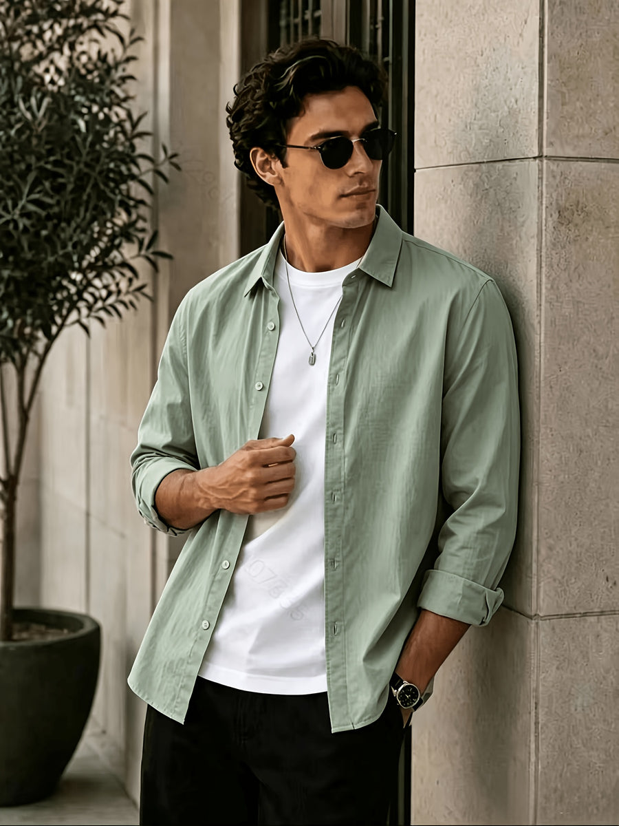 Men'S Long Sleeve Casual Shirt for Summer, Lightweight, Breathable And Comfortable. Slim-Fit And Versatile with Relaxed Cut, Ideal for Daily Commuting And Travel Outfits. (Shirt solely) - Olive Green