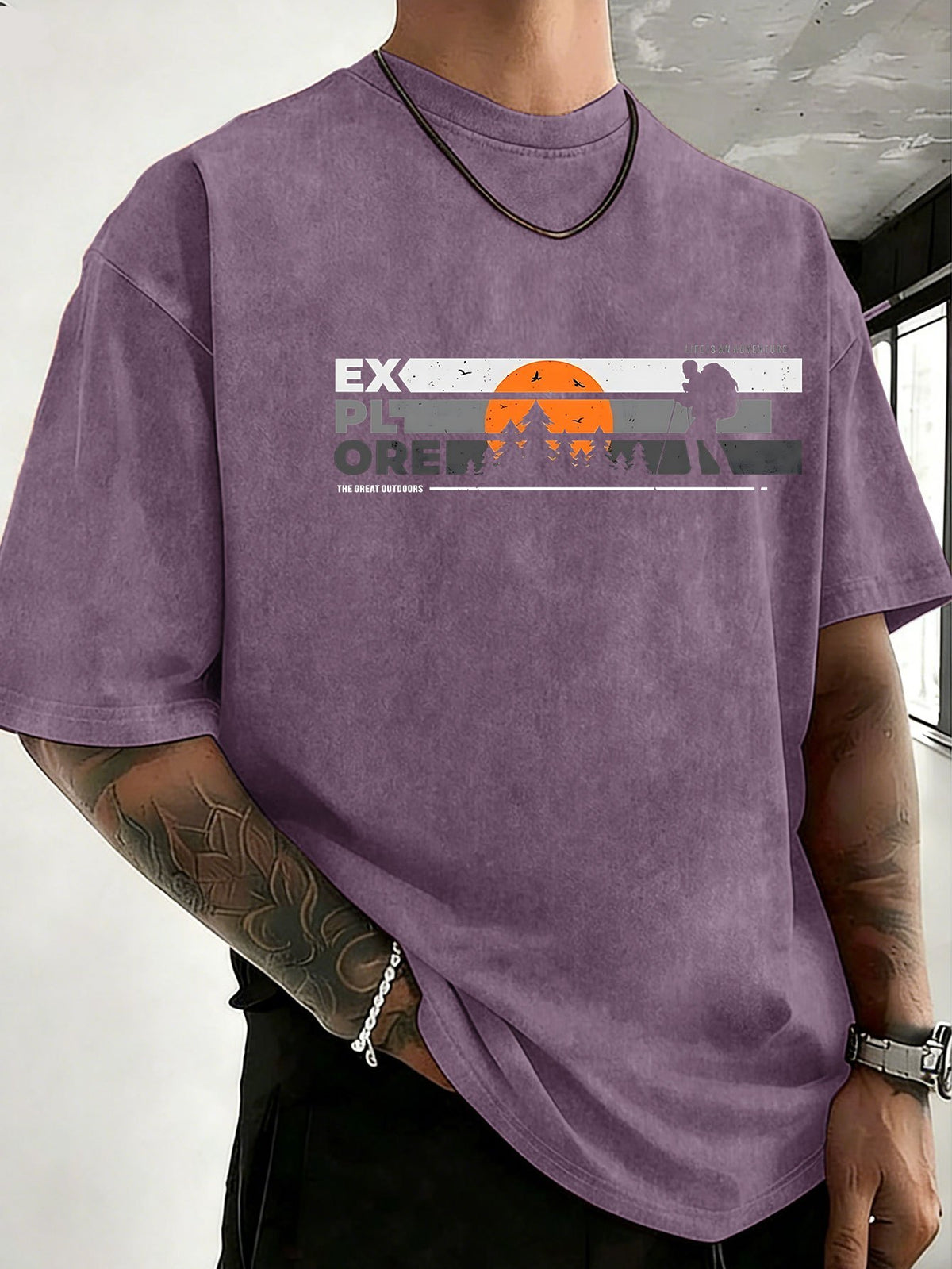 Short Sleeve T-Shirt Men'S Heavy Washed Distressed Loose Top Trendy Reversible Double-Sided Print Overbearing Flame Tiger Head Dark Trendy Print 12 Colors Random Match High Street Hip-Hop Style Daily Commute Fitness Couple Style Street Style Nationa - Purple