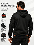Hoodie, Men'S Fashion Color-Block Zip-Up Hoodie, Multi-Pocket Design Showcasing Individuality, Solid Casual Versatile Hoodie, Autumn/Winter Outerwear - Black