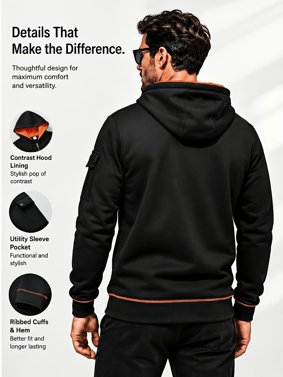 Hoodie, Men'S Fashion Color-Block Zip-Up Hoodie, Multi-Pocket Design Showcasing Individuality, Solid Casual Versatile Hoodie, Autumn/Winter Outerwear - Black