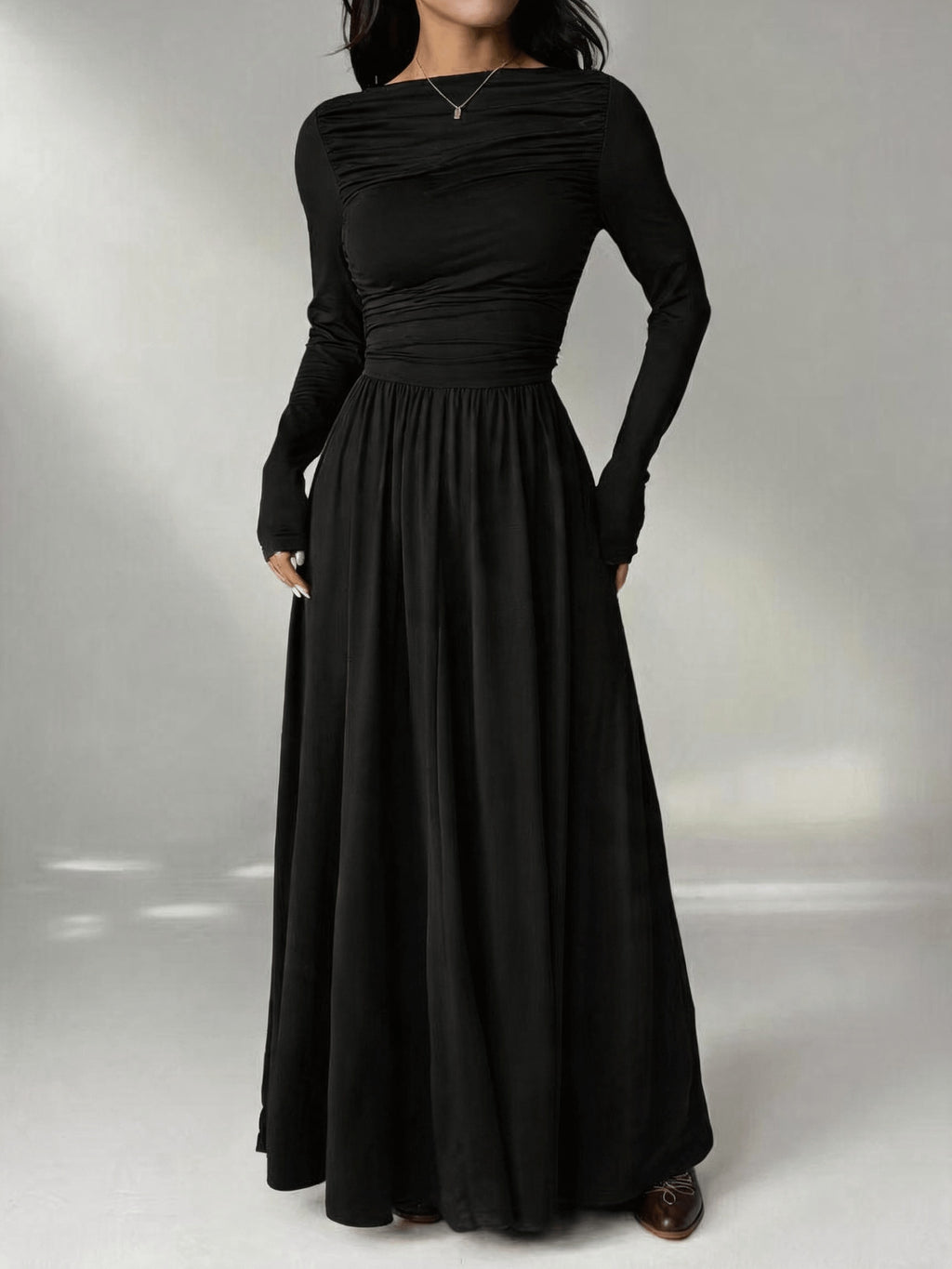 Women'S Solid Color Slim Long Sleeve Dress, Solid Color Dress, Elegant Women'S Thanksgiving Outfit, Graceful Party Gown, Wedding Party Dress, Fashion Evening Dress, Korean Style, Autumn Winter, Women'S Elegant Dress - Black