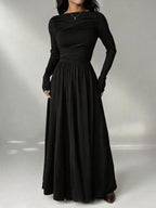 Women'S Solid Color Slim Long Sleeve Dress, Solid Color Dress, Elegant Women'S Thanksgiving Outfit, Graceful Party Gown, Wedding Party Dress, Fashion Evening Dress, Korean Style, Autumn Winter, Women'S Elegant Dress - Black