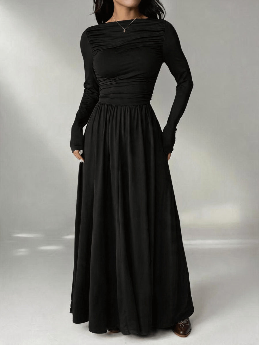 Women'S Solid Color Slim Long Sleeve Dress, Solid Color Dress, Elegant Women'S Thanksgiving Outfit, Graceful Party Gown, Wedding Party Dress, Fashion Evening Dress, Korean Style, Autumn Winter, Women'S Elegant Dress - Black