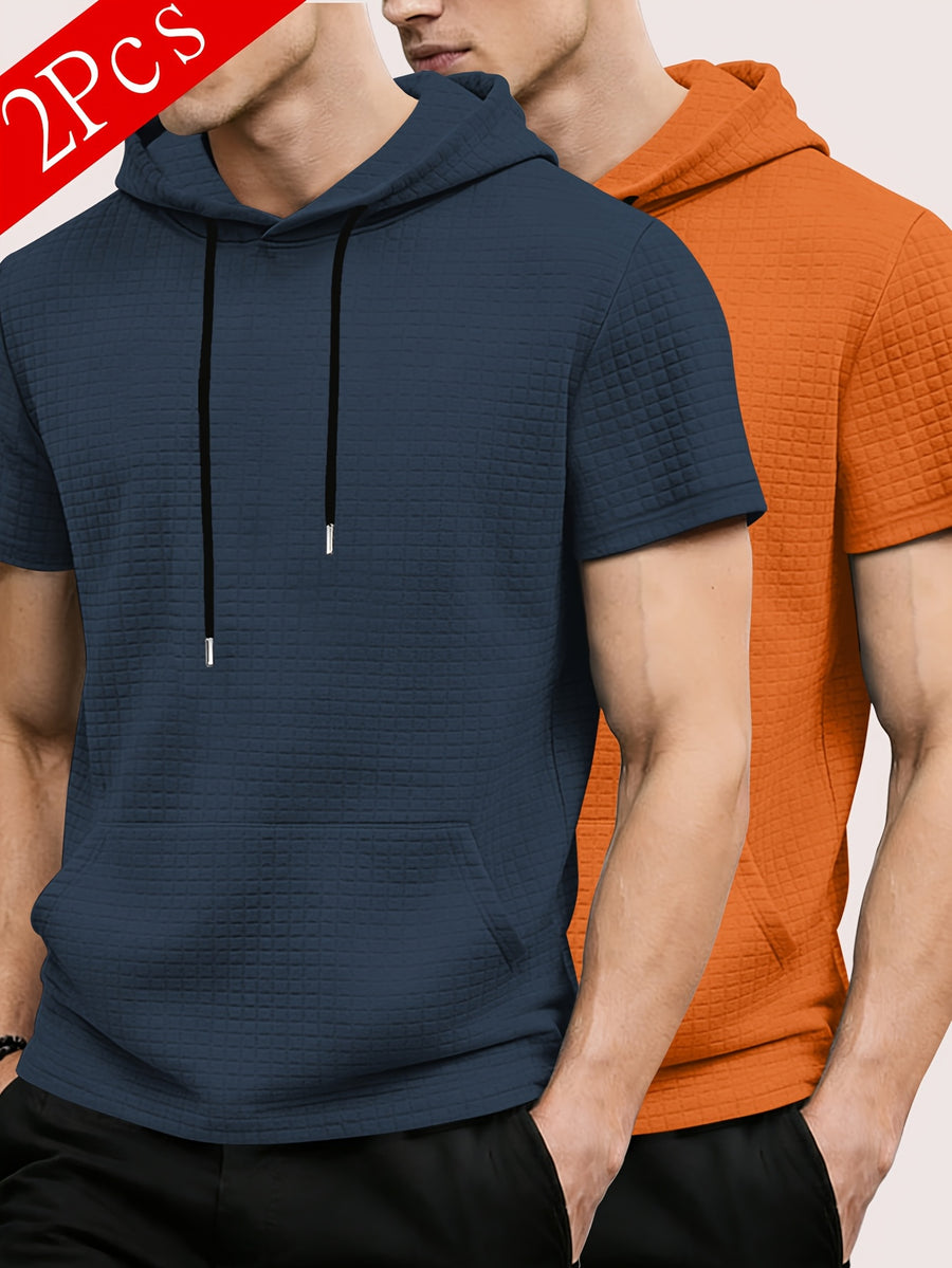 2pcs Men's Waffle Knit Short-Sleeve Hoodie with Kangaroo Pocket, Soft and Breathable Fabric, Multiple Color Options, Versatile, Simple, Stylish, and Casual for Daily Wear or Sports, a Great Choice for Holiday Gifts for Fathers, Partners, and Friends - Navy Blue + Orange Red
