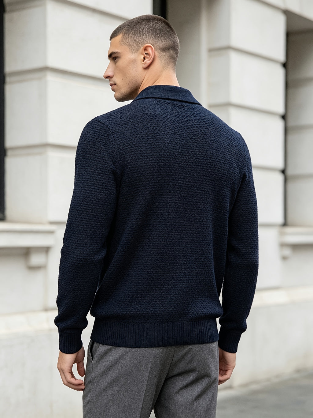 Men'S Business Light Luxury Style Lapel Honeycomb Texture Knit Polo Shirt, Soft Skin-Friendly Knit Fabric, 3D Honeycomb Texture Premium Texture, Slimming And Non-Tight, Long Sleeve Design Easy And Atmospheric Without Extra Logo - Navy Color
