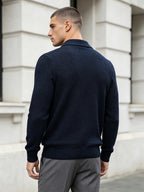 Men'S Business Light Luxury Style Lapel Honeycomb Texture Knit Polo Shirt, Soft Skin-Friendly Knit Fabric, 3D Honeycomb Texture Premium Texture, Slimming And Non-Tight, Long Sleeve Design Easy And Atmospheric Without Extra Logo - Navy Color