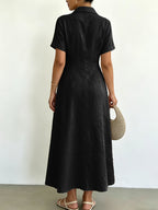 Women's Blended Fabric Shirt Dress with Lapel Collar, Half-Button Short Sleeves, A-Line Midi Length, Summer Casual Light Business Commuter Dress - Black