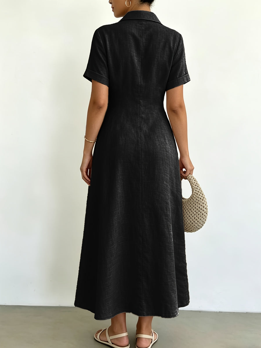 Women's Blended Fabric Shirt Dress with Lapel Collar, Half-Button Short Sleeves, A-Line Midi Length, Summer Casual Light Business Commuter Dress - Black