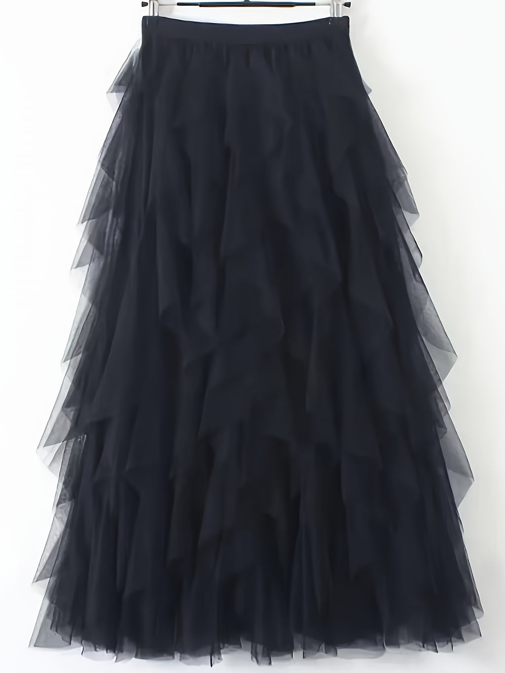 Chic Elegance, Elegant High-Waist A-Line Tulle Skirt for Women - Chic Korean-Style Spring Collection, Sheer Brown Polyester with Delicate Mesh Layers, Perfect for Summer Skirt - Black