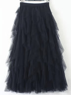 Chic Elegance, Elegant High-Waist A-Line Tulle Skirt for Women - Chic Korean-Style Spring Collection, Sheer Brown Polyester with Delicate Mesh Layers, Perfect for Summer Skirt - Black