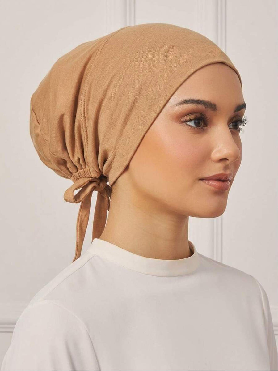 1pc Women Abaya Accessories Fashion Solid Color Elastic Band Headscarf, Suitable for Daily Wear Headband Soft Under Cap Women Veil - Camel