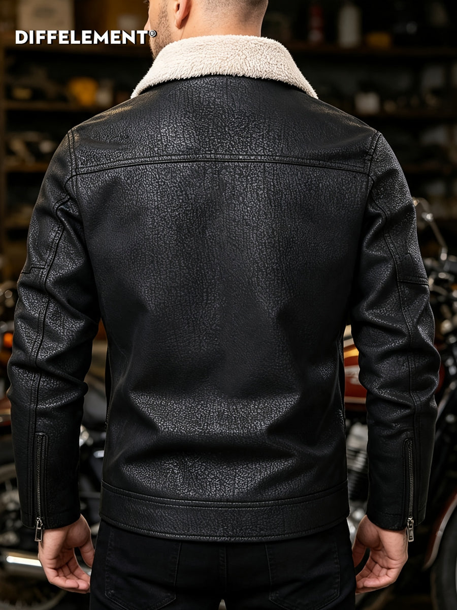 Men's Plush Lapel -Lined PU Motorcycle Jacket with Thickened Warm Lining, Vintage Texture Fabric, Multiple Zipper Pockets, Slim Fit Short Style, Autumn/Winter Riding Commuting American Casual Wear, Wear-Resistant and Windproof Lapel Outerwear Winter - Black