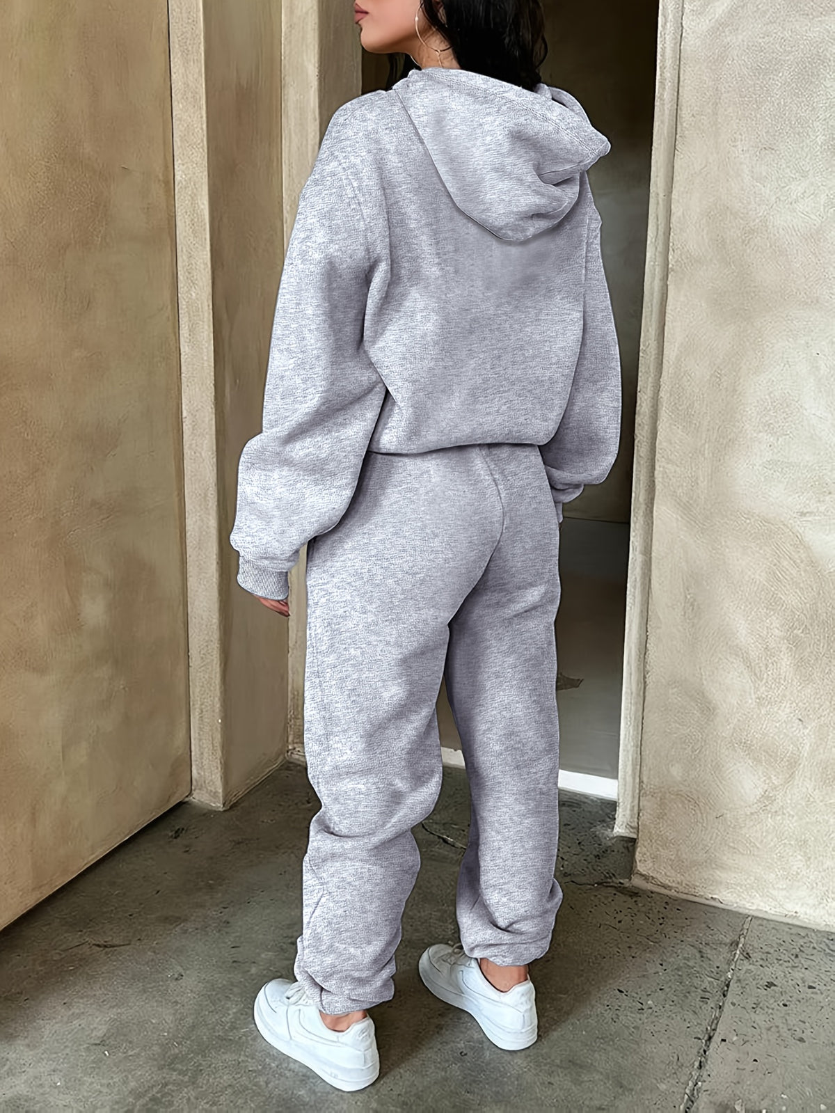 Women's Fashion Casual Summer Vacation Style Printed Hoodie Sweatshirt and Joggers Set - Grey