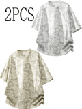 2pcs New Summer Men's Trendy Loose-Fit Streetwear Brand Student Short-Sleeve T-Shirt Top, Round Neck Short Sleeves - White Flower Gray Apricot