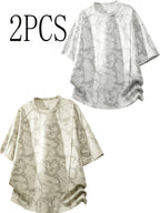 2pcs New Summer Men's Trendy Loose-Fit Streetwear Brand Student Short-Sleeve T-Shirt Top, Round Neck Short Sleeves - White Flower Gray Apricot