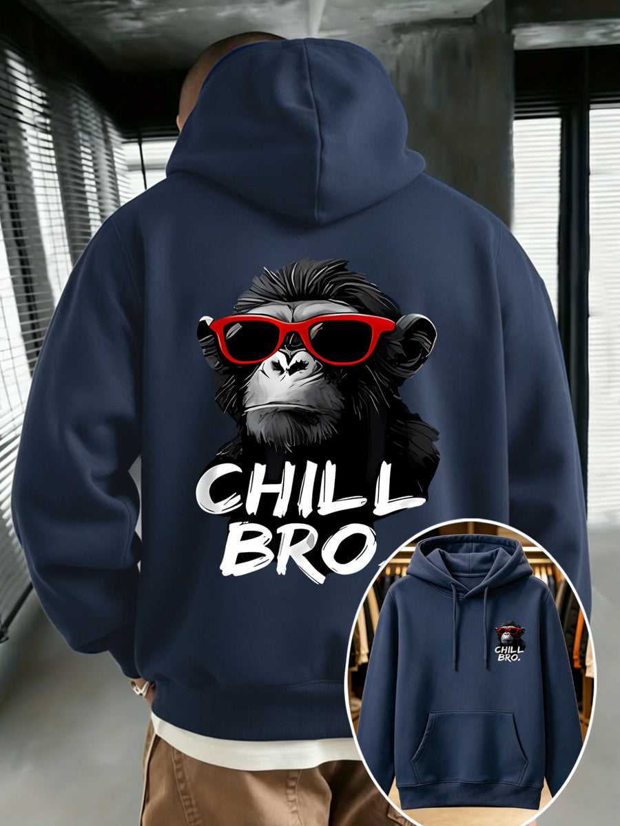 Men's Casual Versatile Hooded Sweatshirt with Fashion Glasses Chimpanzee "CHILL BRO" Fun Double-Sided Graphic Print - Front Kangaroo Pocket, Machine Washable, High-Quality Fabric Suitable for Casual and Sportswear, Daily Comfort - Casual Long-Sleeve - Navy Color