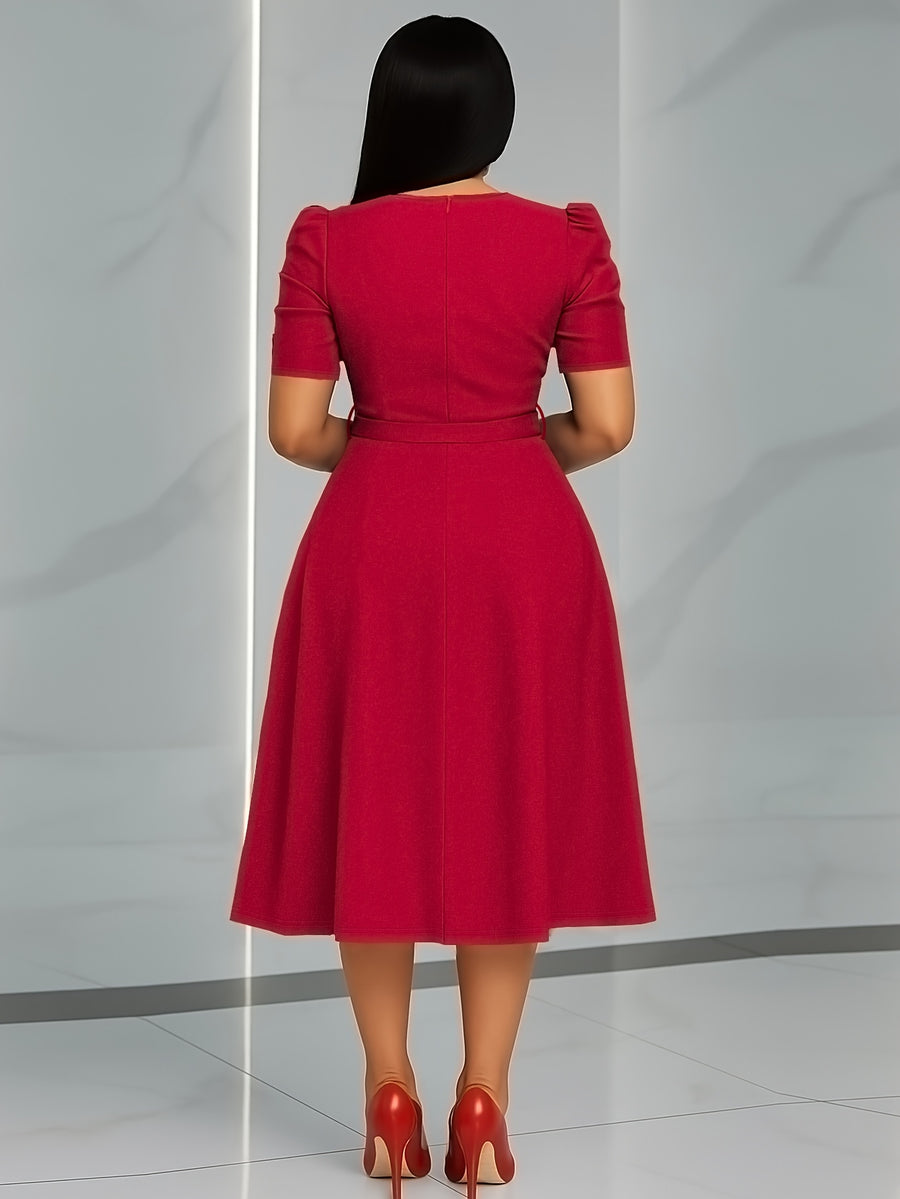 Women'S Elegant V-Neck Ruched Midi Dress, Solid Color Short Sleeve, Waist-Cinching Belt, Flowing Skirt, Perfect Spring Summer Outfit, Adult Fashion, Comfortable Daily Elegant Waist-Cinching Dress, Ruched Detail - Red