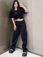 Wide-Leg Cargo Pants for Men and Women, Loose Retro Casual Paper Bag Trousers - Black
