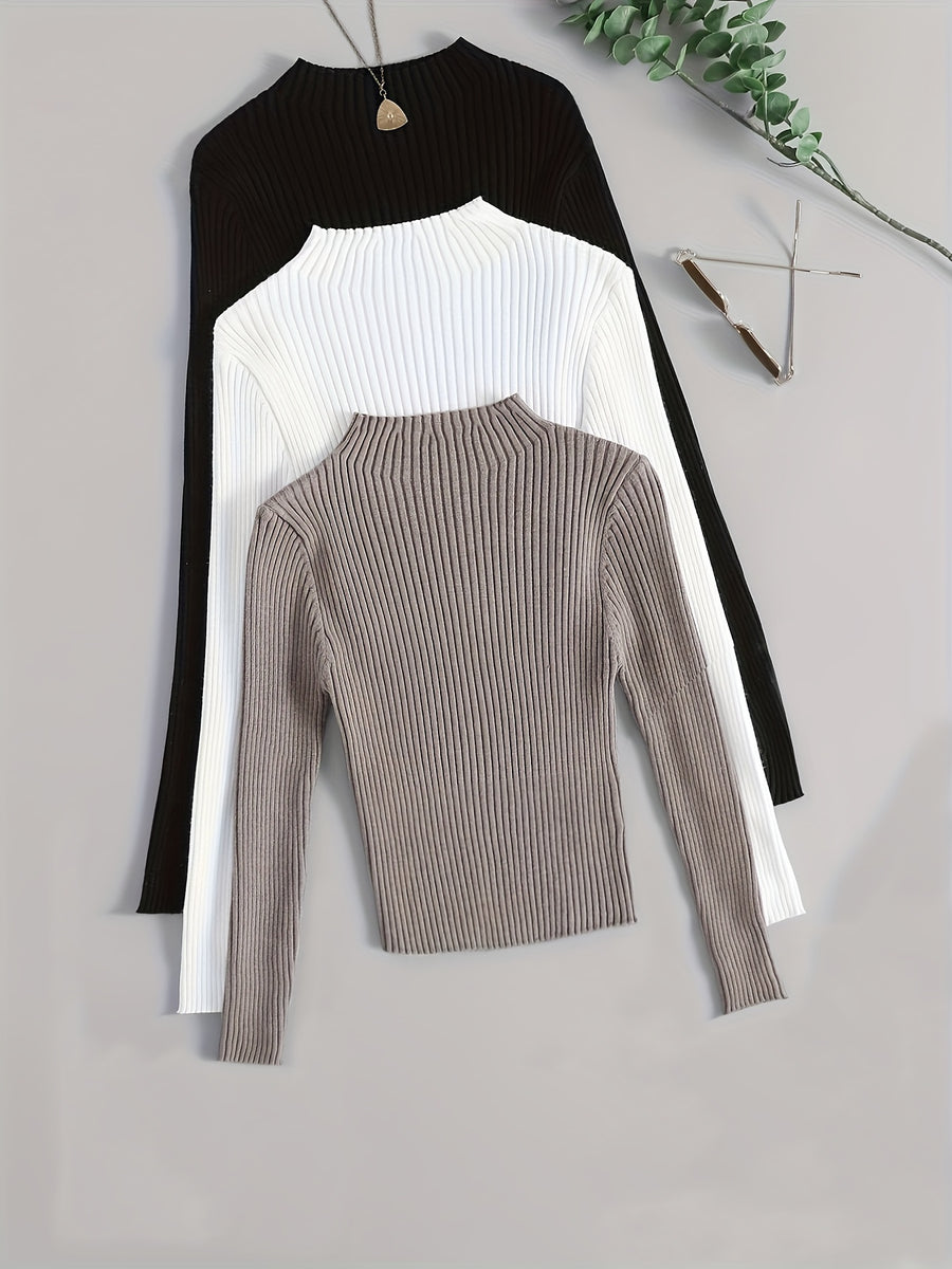 3pcs Set Stand Collar Ribbed Base Layer Stretch Plain Color Versatile Vintage - Mixed Color 1