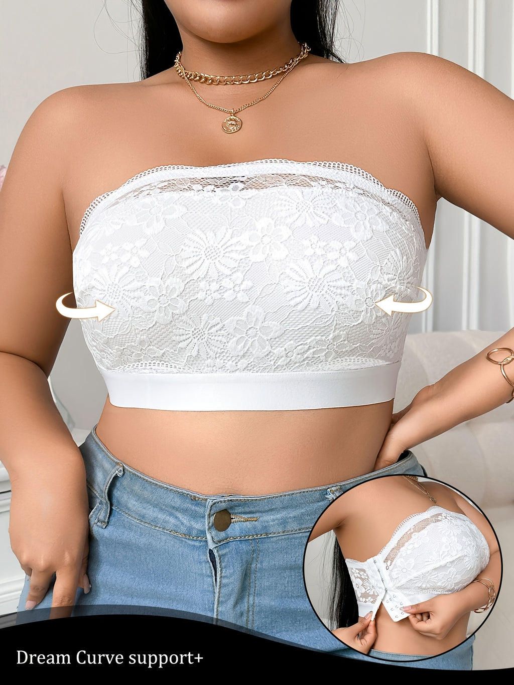 Lace-paneled Plus-size Women's Bra with Side-release Buckles, Wire-free Bralette, Casual and Comfortable, Beautiful Back Design, Thin S Style - White