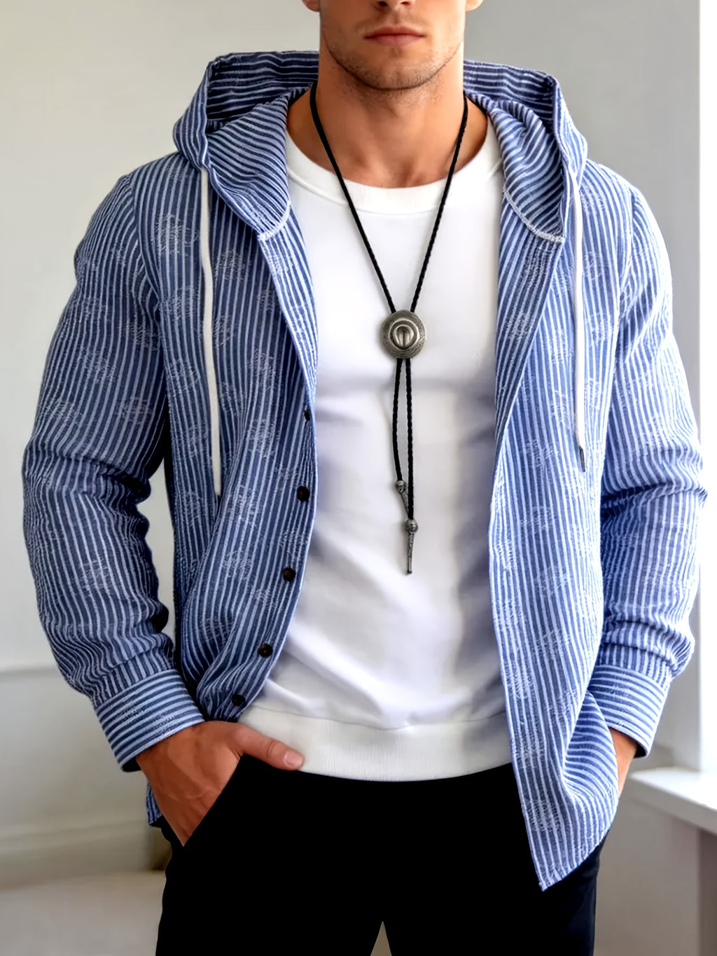 Men's Blue and White Vertical Stripe Textured Hooded Shirt Jacket with Three-Quarter Sleeves, Drawstring Hood, and Open Front. Vintage Casual Top, Versatile Daily Commute Outer Shirt - Sky Blue