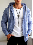 Men's Blue and White Vertical Stripe Textured Hooded Shirt Jacket with Three-Quarter Sleeves, Drawstring Hood, and Open Front. Vintage Casual Top, Versatile Daily Commute Outer Shirt - Sky Blue