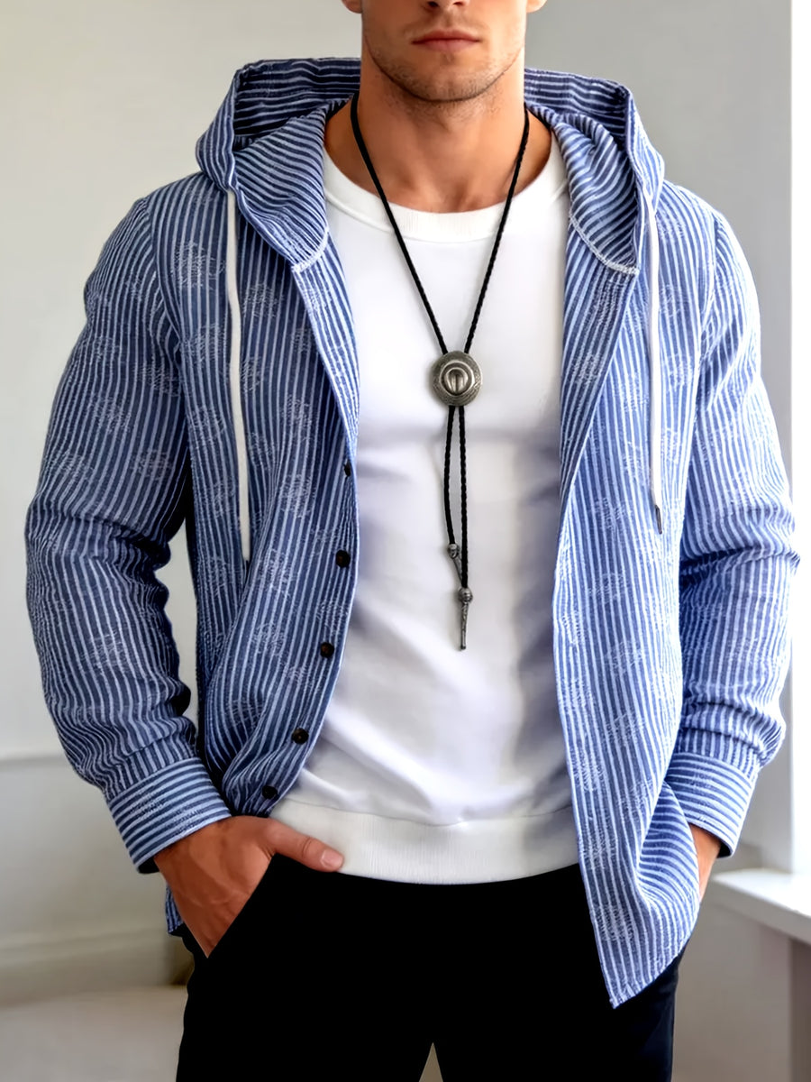 Men's Blue and White Vertical Stripe Textured Hooded Shirt Jacket with Three-Quarter Sleeves, Drawstring Hood, and Open Front. Vintage Casual Top, Versatile Daily Commute Outer Shirt - Sky Blue