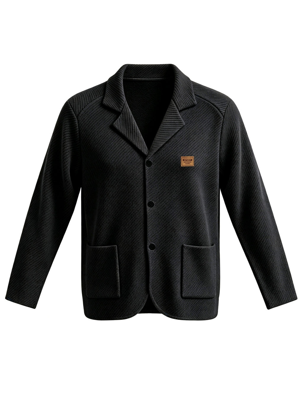Whale Crossing OBM Men's New Spring, Autumn, and Winter Collection: Twill Textured Fabric Notched Lapel Cardigan, Single-Breasted with Double Pockets, Business Casual Versatile Long-Sleeve Knit Outerwear. Soft, Comfortable, and Stylish Solid-Colored - Black