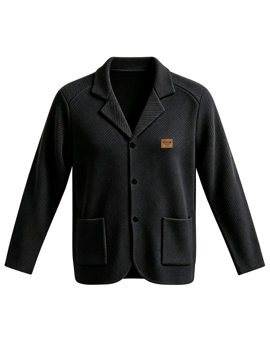 Whale Crossing OBM Men's New Spring, Autumn, and Winter Collection: Twill Textured Fabric Notched Lapel Cardigan, Single-Breasted with Double Pockets, Business Casual Versatile Long-Sleeve Knit Outerwear. Soft, Comfortable, and Stylish Solid-Colored - Black