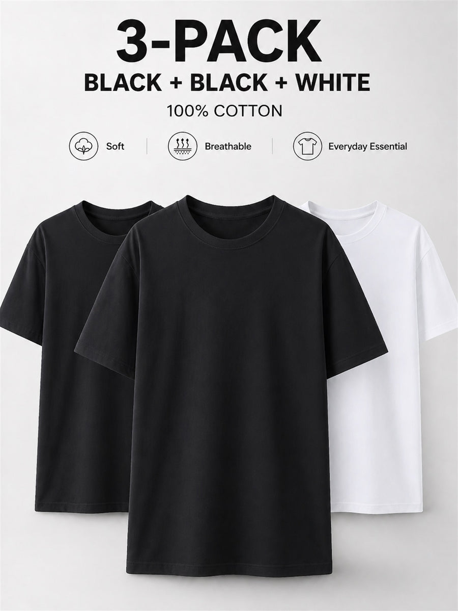 3pcs 100% Pure Solid Color Short-Sleeve T-Shirts, Unisex Crew Neck Basic Style Summer Change-Out Set, Soft, Skin-Friendly, Sweat-Absorbent, Breathable, Comfortable, Durable, Casual for Home, Outer Wear, Commuting, Versatile Top - White+Black+Black