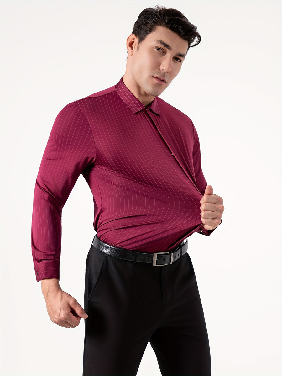 Seamless High-Elasticity Pressed Hem Wrinkle-Free Men's Long-Sleeve Striped Fashion Casual High-End Button-Up Cardigan Four-Way Stretch Men's Top, Fabric Weight 160g, Material 88% Polyester Fiber 12% Spandex - Wine red strip