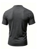 Men's Henry Neck Cross-Strap Short Sleeve T-Shirt with Mesh Line Print, Soft and Comfortable Fabric, American Trendy Design, Suitable for Dating, Commuting, and Casual Occasions, Creating a Clean, Casual, and Refreshing Look - Dark Gray