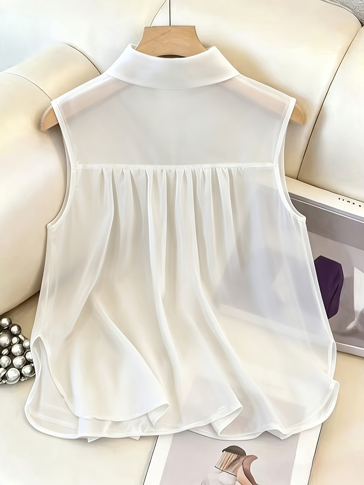 GlowEve Coffee Sleeveless Pleated Chiffon Casual Loose Fit Top for Women - White