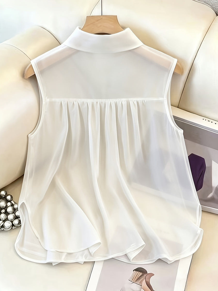 GlowEve Coffee Sleeveless Pleated Chiffon Casual Loose Fit Top for Women - White