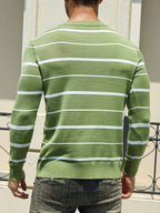 New Men'S Round Neck Knit Long Sleeve Sweater Autumn Winter Casual Base Layer Knit Pullover, Men'S Striped Sweater - Matcha Color