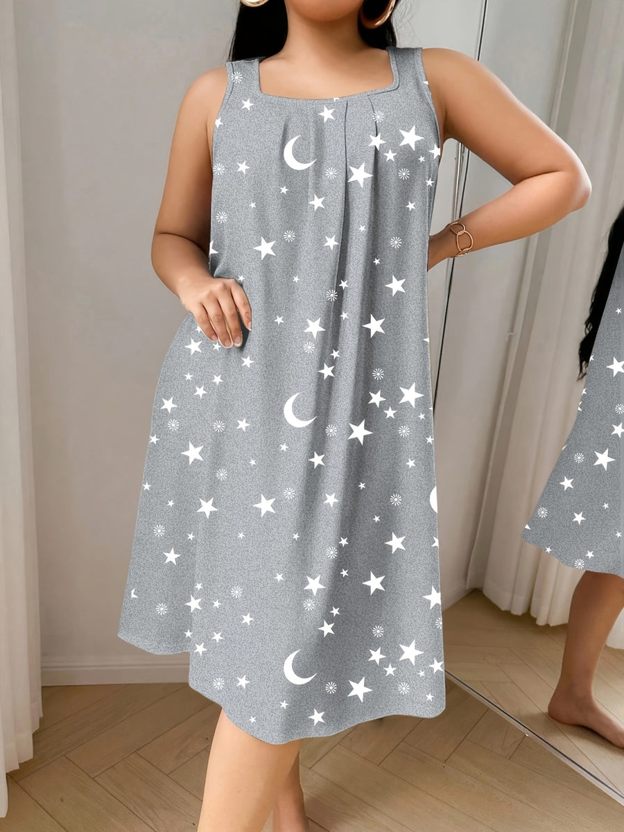 Women'S Plus Size Sleeveless Vest Dress with Star And Moon All-Over Print, Spring Summer Style, Very Comfortable Home Wear - Flecking Gray