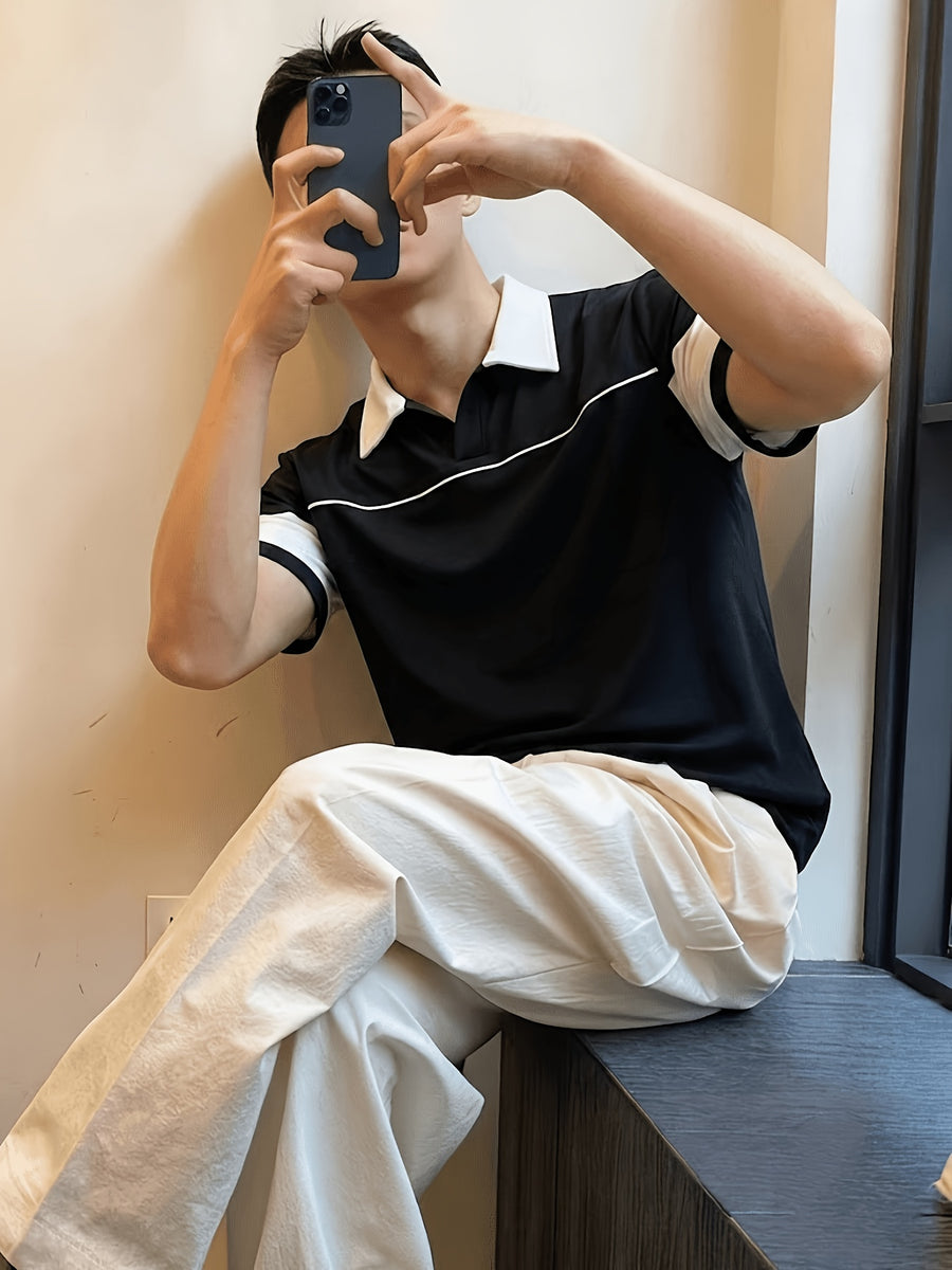New Summer Men's Color-Block Lapel Short-Sleeve Polo Shirt with Raglan Sleeves, Casual Sporty Style, Skin-Friendly and Breathable Top, Structured and Slimming Fit, Flattering on All Body Types, Versatile and Trendy for Daily Commuting and Streetwear - Bright Black