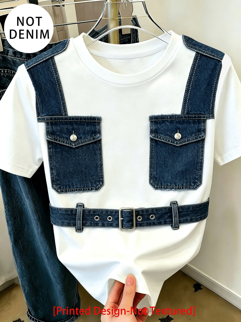 [Printed Pants - Not Faux Denim Fabric]Casual Women'S T-Shirt, New Clothing, Women'S Pullover Sweater, Summer Women'S Top, Casual Home Wear, Faux Denim Print, Patchwork Style, Niche Design, Sweet And Cool Style, Gift - White