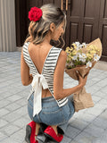 Striped Texture Halter Neck Backless Bow Women'S Vest - Black