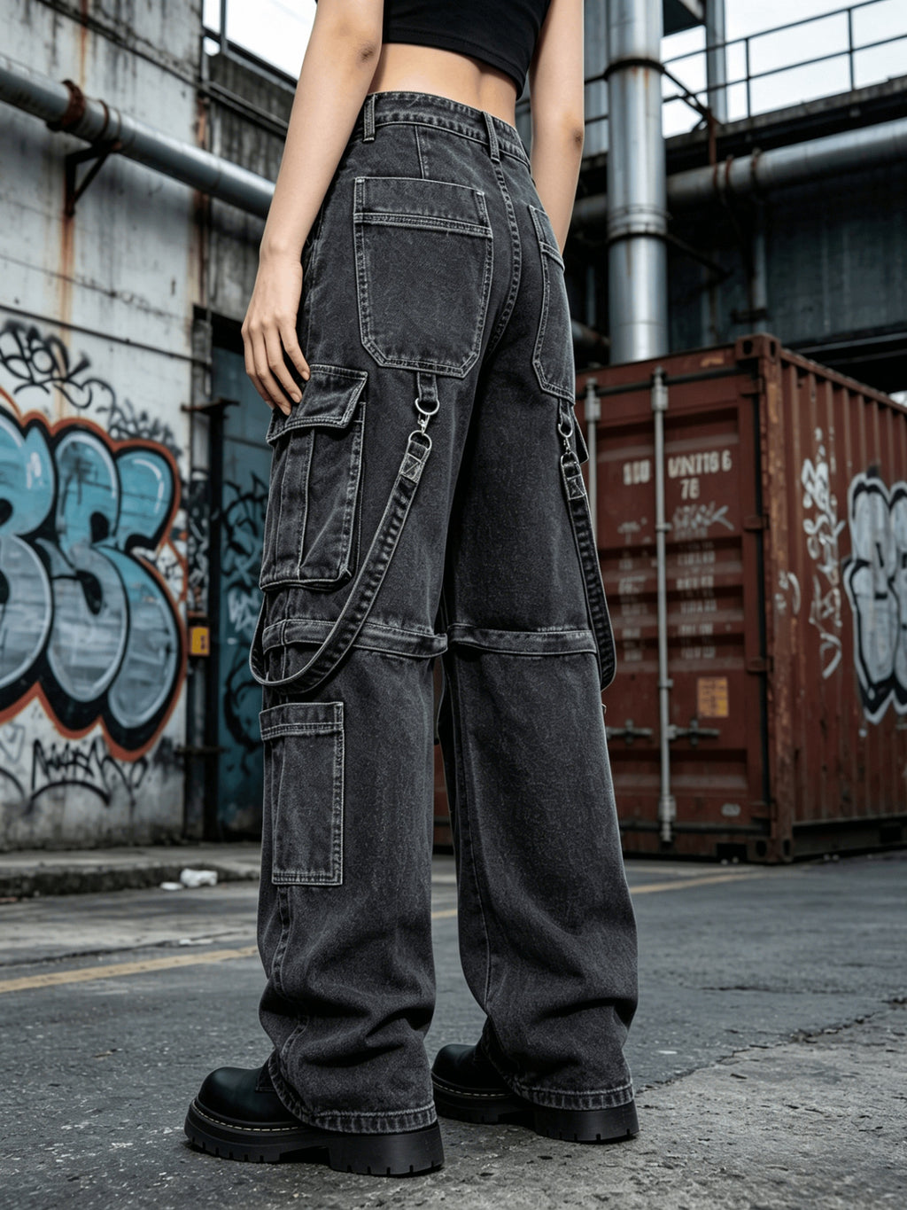 Dark Techwear Style Wide Leg Cargo Denim Jeans Street Subculture Outfit Daily Casual - Dark Gray