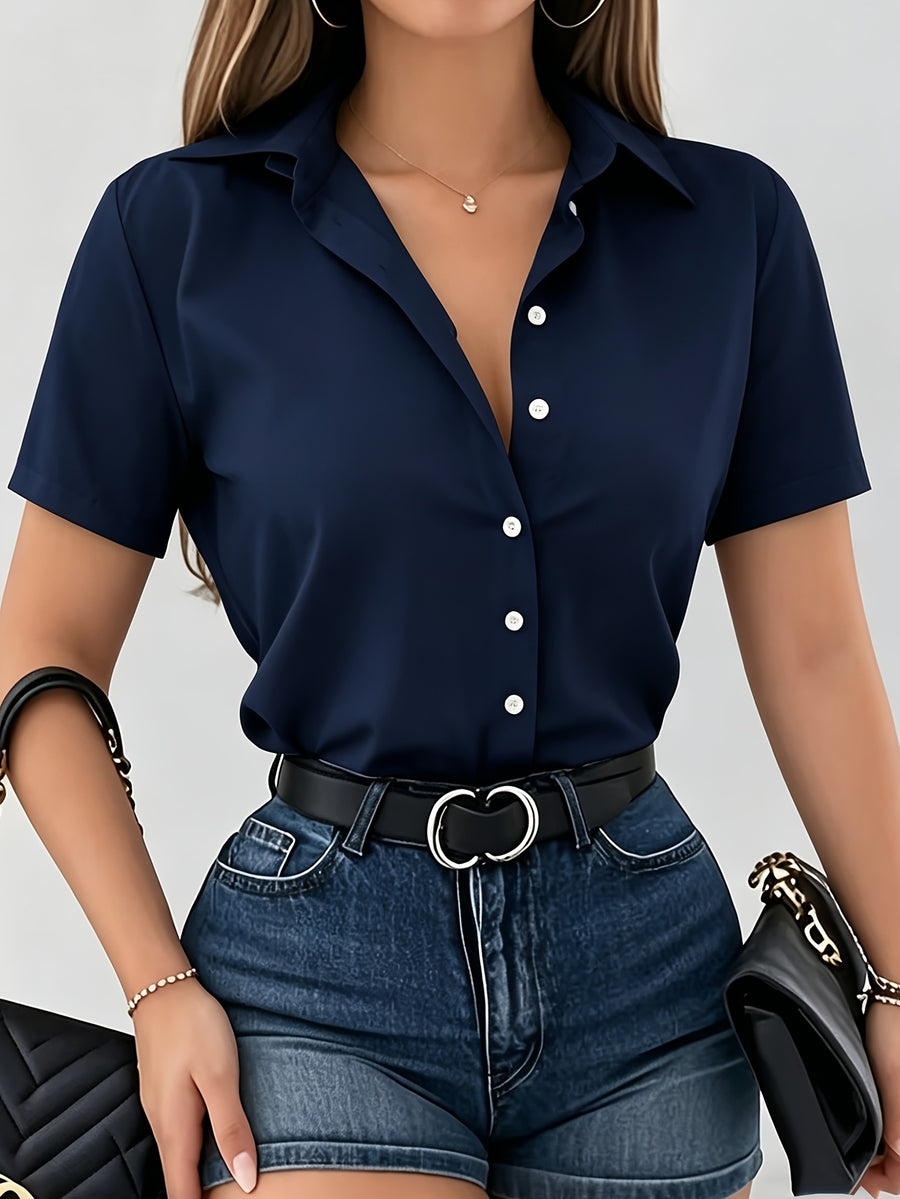 Spring/Summer Women's Short-Sleeve Solid Color Shirt for Daily and Commuting Wear, Machine Washable Shirt - Navy Color