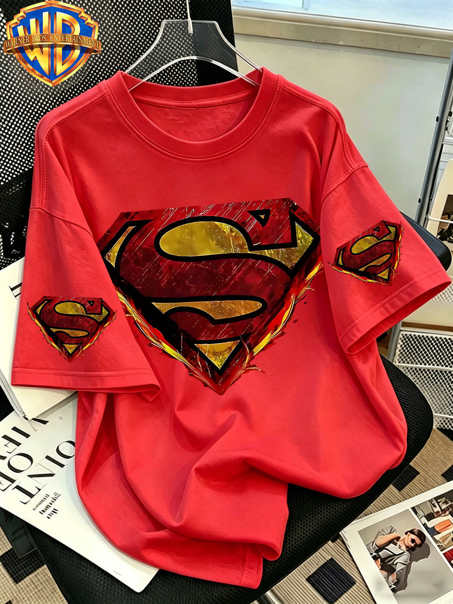 Warner Bros. Official Classic Pure DC Superman Classic S-Logo T-Shirt, Men's 100% Pure Casual Comfortable Multi-Functional Loose-Fit Summer Short-Sleeve T-Shirt, Suitable for Outdoor Wear - Red