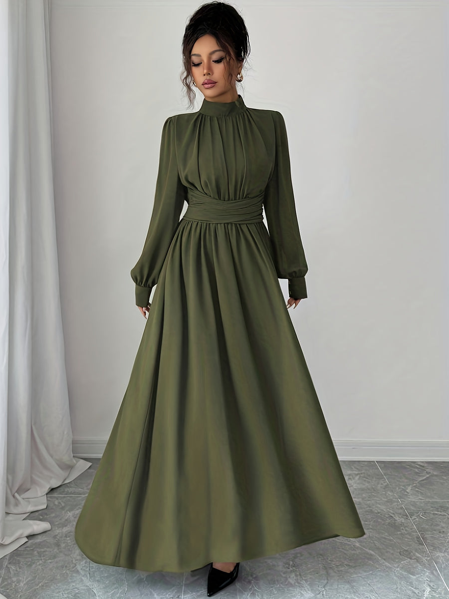 ZD1026017 Elenzga Women's Casual, Elegant, Romantic Sicilian Style Solid Color Chiffon Stand Collar Loose Fit Criss-Cross Tie A-Line Bow Long Sleeve Bridesmaid Dress, Suitable for Commuting, Vacations, Afternoon Tea, Parties, and Dinner Parties - Green