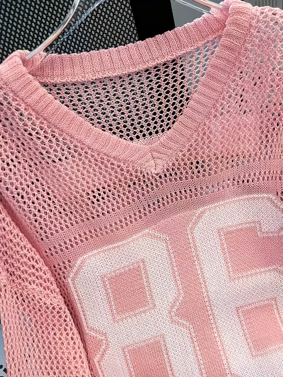 New Fashion Women'S Casual Trendy Cool Style Solid Color Number Star Mesh Shirt Daily Versatile Shopping Outfit Women'S Spring And Summer V-Neck Long-Sleeved Loose Long-Sleeved Pullover - Pink Color