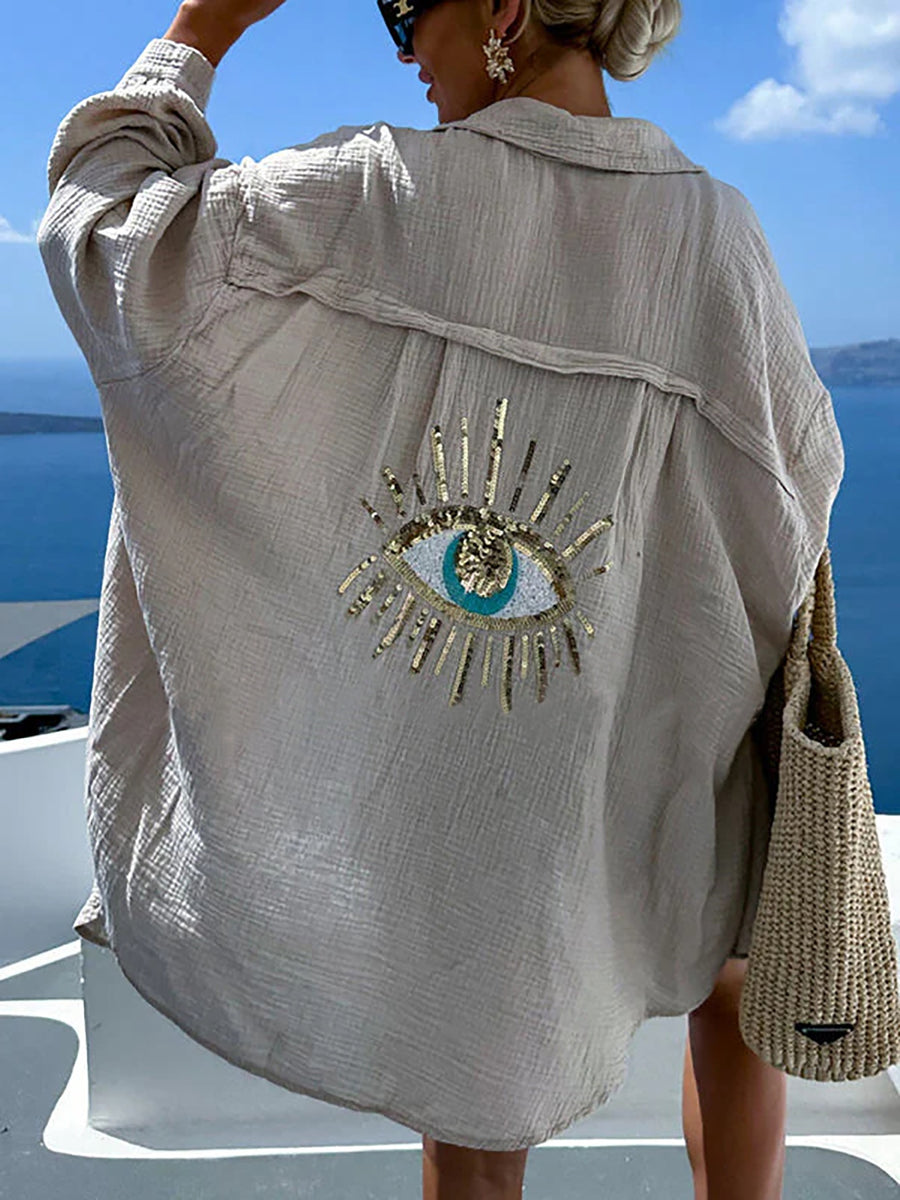 Fashionable Spring/Summer Elegant French-Style Loose Fit Casual Women's Long Sleeve Shirt with Eyelet Detail at the Back - Apricot