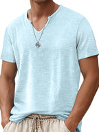 Men's Short Sleeve V-Neck T-Shirt - Breathable Summer Casual Solid Color Round Suitable for Hot Weather, Machine Washable V-Neck Top with Short Sleeves, Non- Fabric for Casual Attire, Office & Layering (No Transparency)，Fashion Trends Wear - Sky Blue